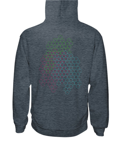 back view of heather graphite pullover hoodie with hexagons design