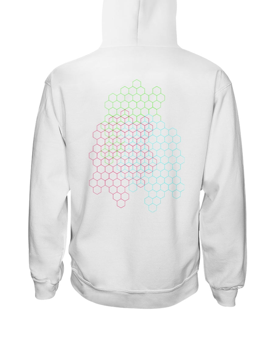 back view of white pullover hoodie with hexagons design