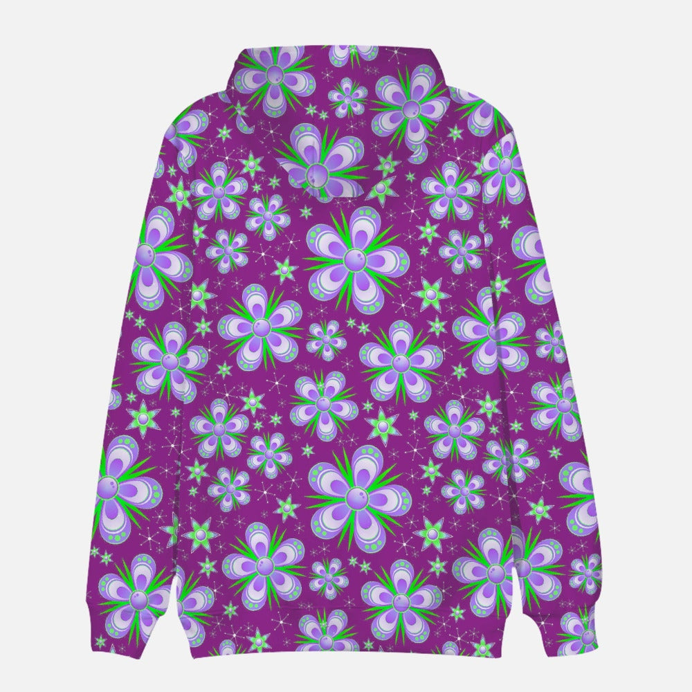 Back view of purple hoodie with green, white and lavender flowers