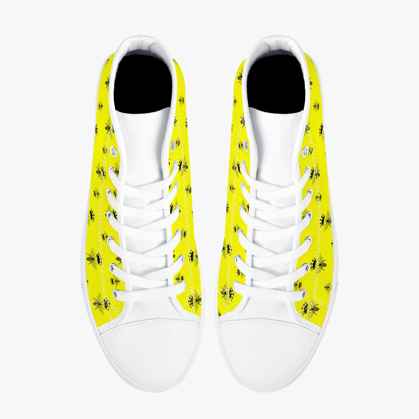 top view of high top canvas sneakers with yellow and black bee print and white outsole