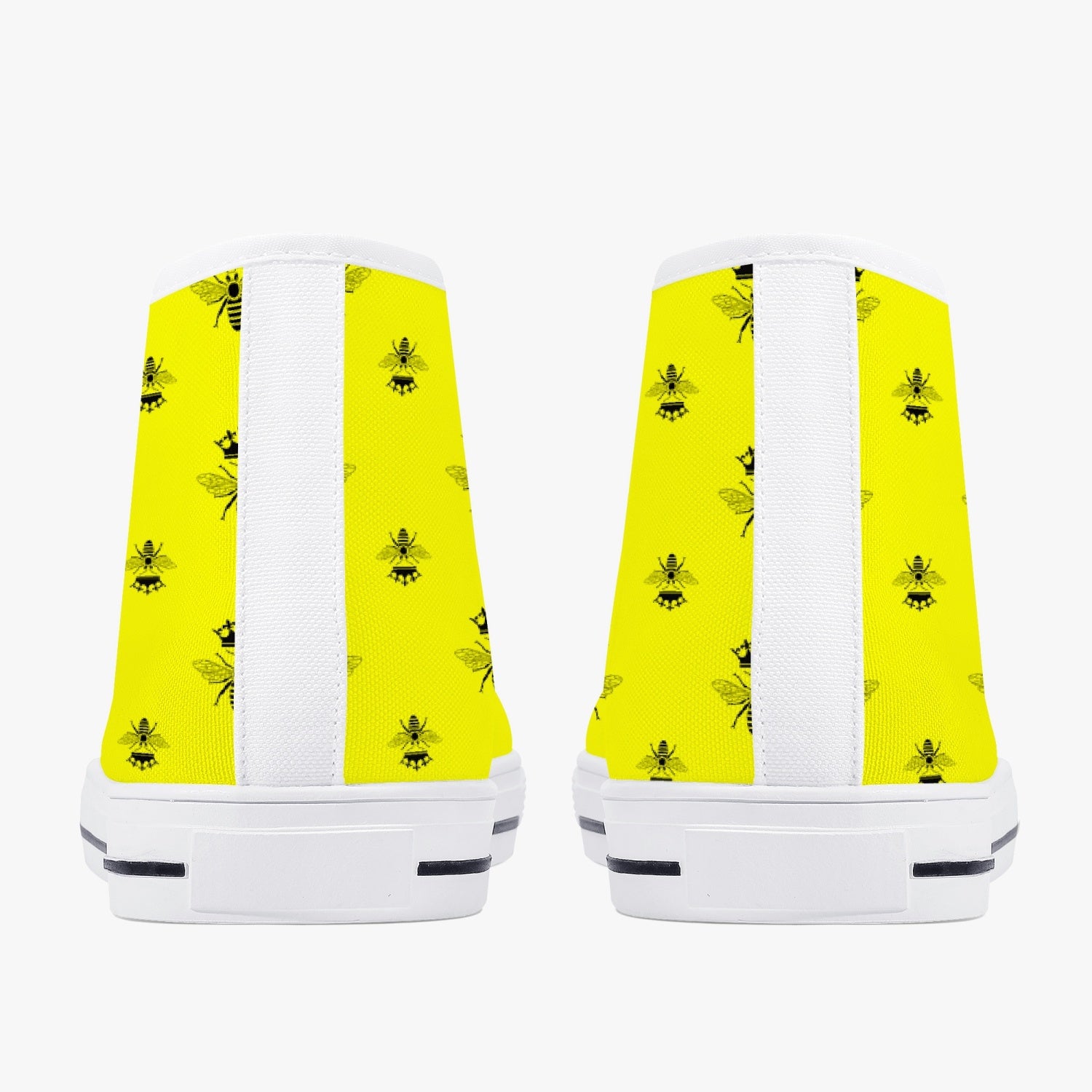 back view of high top canvas sneakers with yellow and black bee print and white outsole
