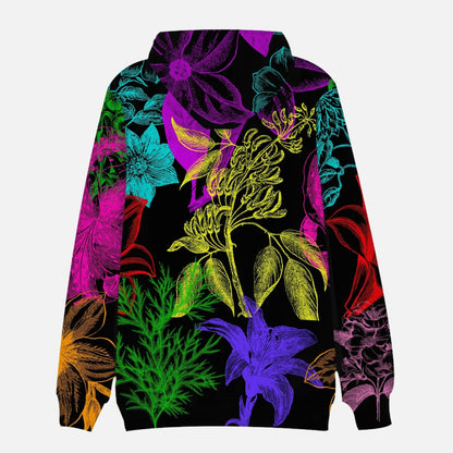 Back view of black hoodie with colorful floral design