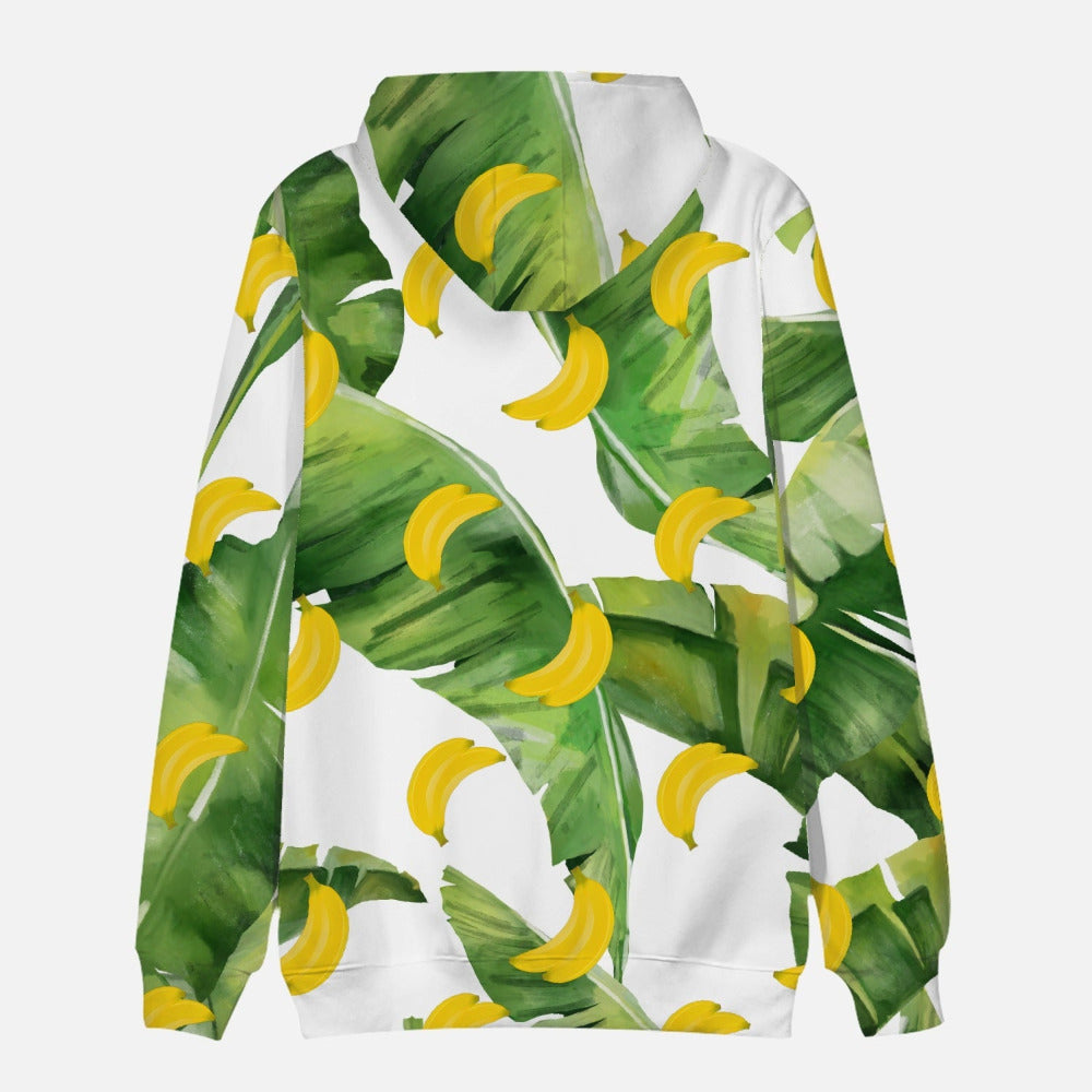 Back view of white hoodie with green leaves and yellow bananas