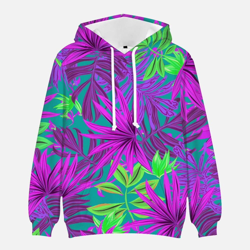 Hoodie with teal, purple and green leaf design