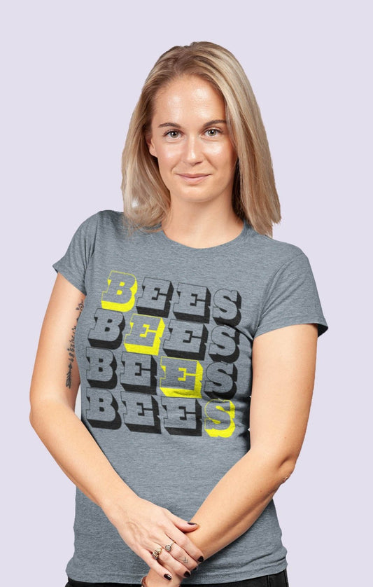 model wearing heather grey tshirt with bees block text graphic design