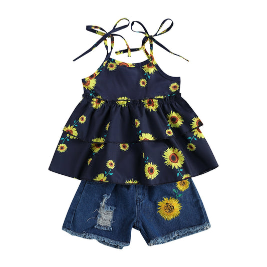 Sleeveless Sunflower Top+Denim Shorts