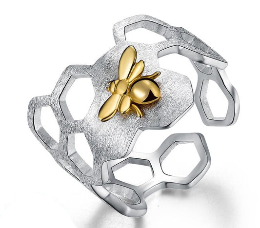 Honeycomb and Bee Open Ring
