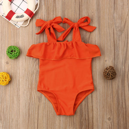Girls Orange Ruffle Top Swimsuit