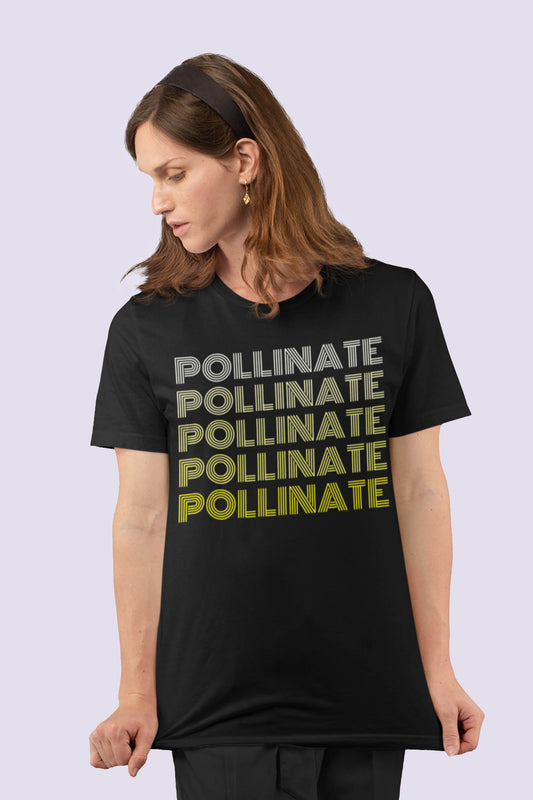 model wearing black tshirt with pollinate design