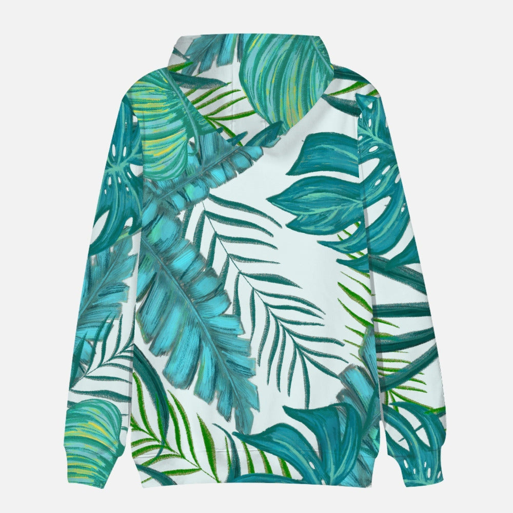 Back view of white hoodie with teal and green tropical leaves