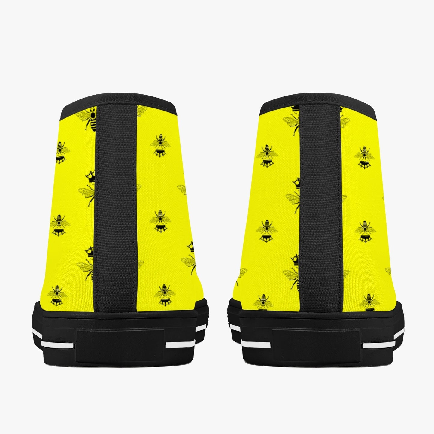 back view of high top canvas sneakers with yellow and black bee print