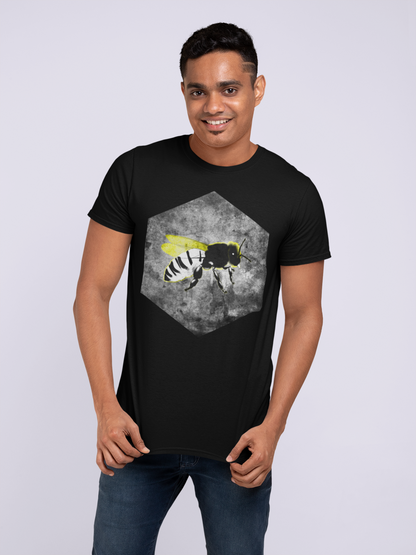 model wearing black tshirt featuring grunge bee design