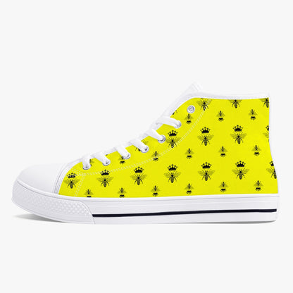 high top canvas sneaker with yellow and black bee print and white outsole