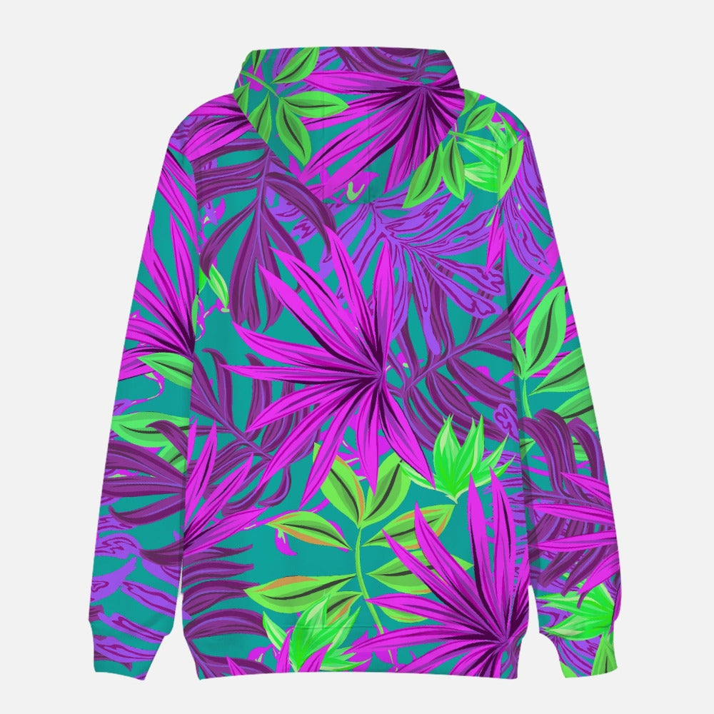 Back view of hoodie with teal, purple and green leaf design