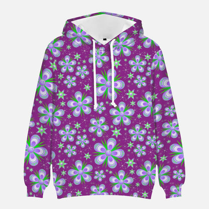 Purple hoodie with green, white and lavender flowers
