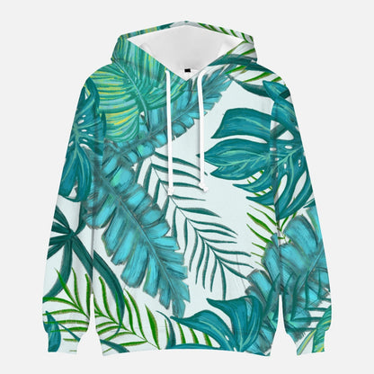 White hoodie with teal and green tropical leaves
