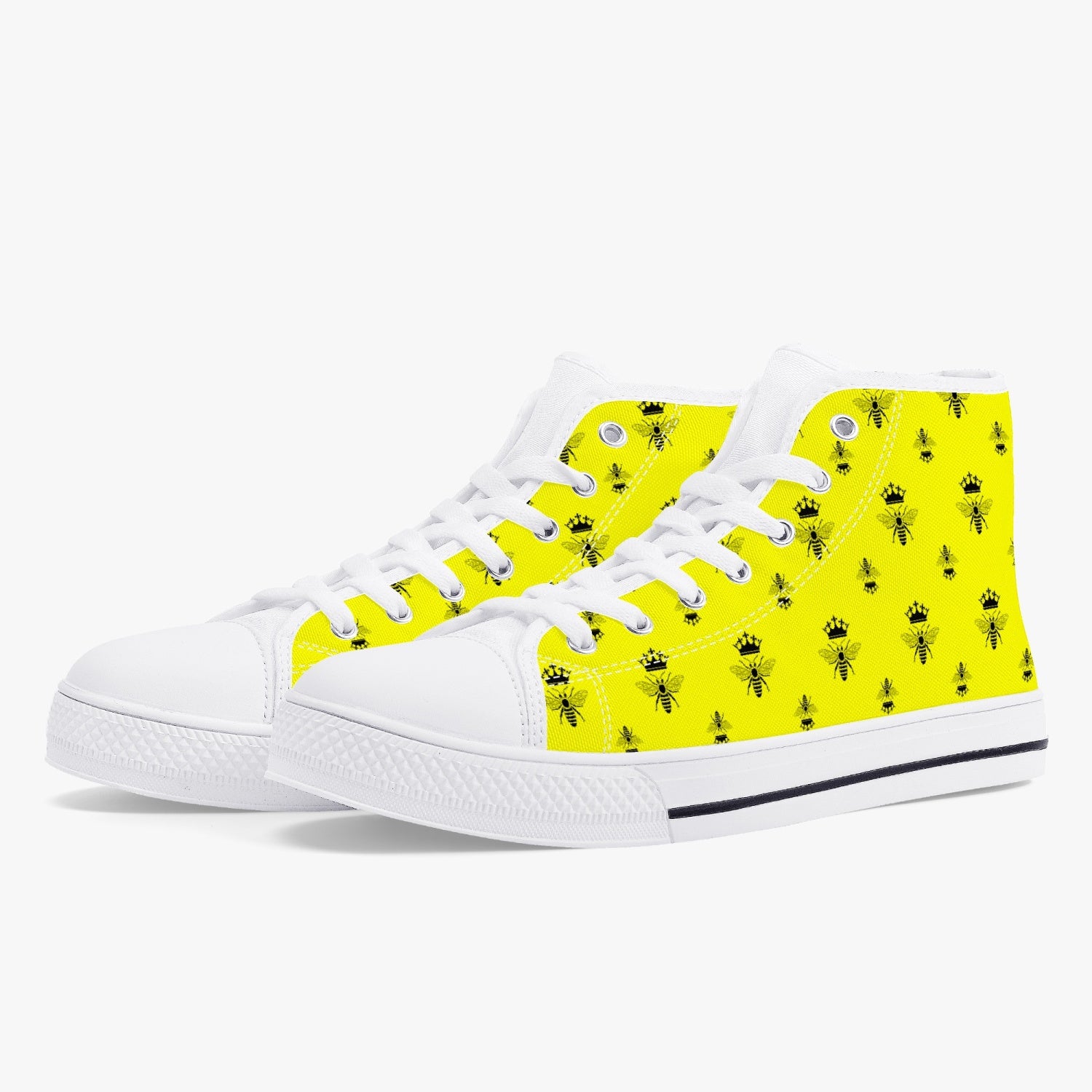 high top canvas sneakers with yellow and black bee print and white outsole