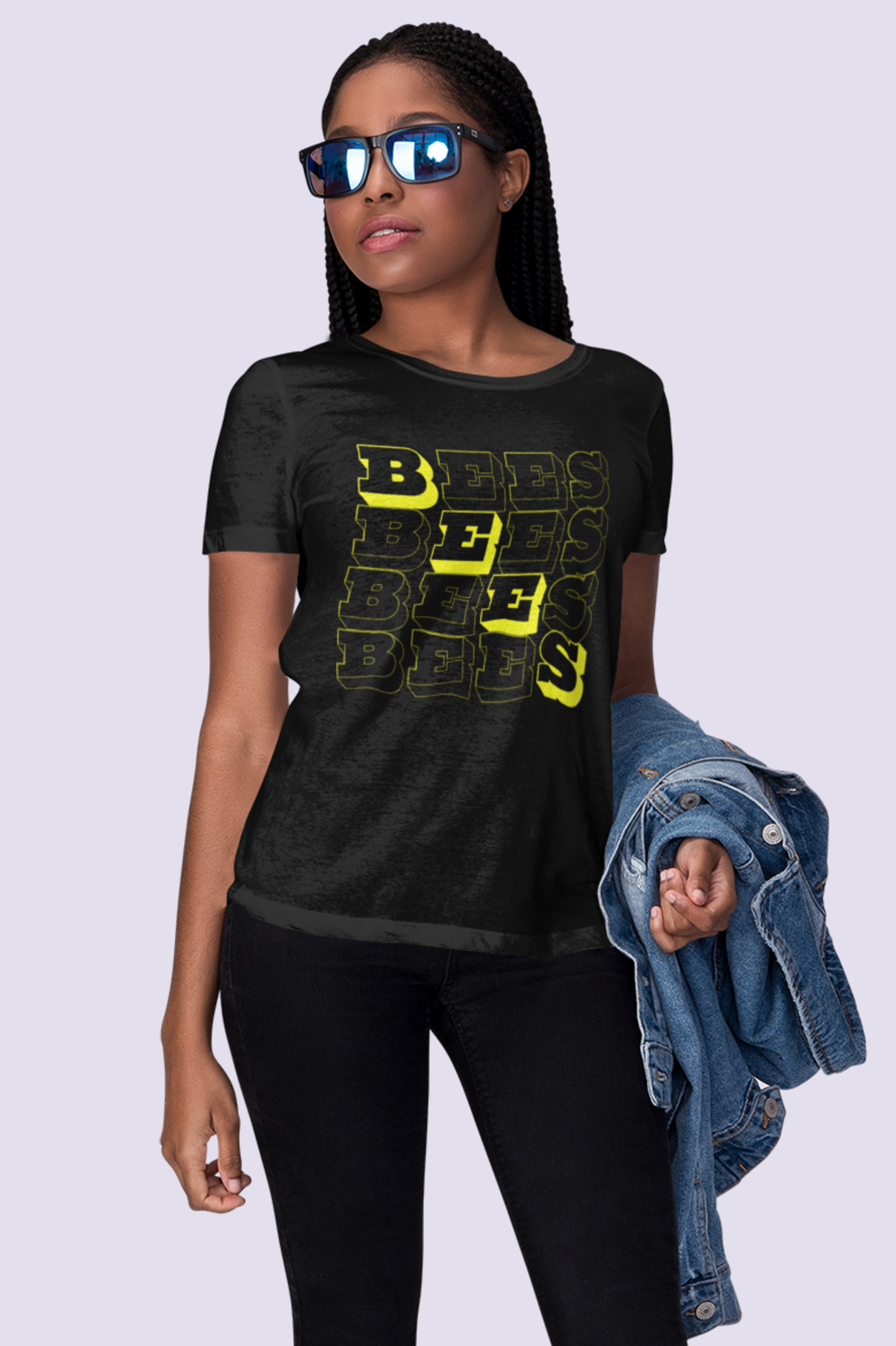 model wearing black tshirt with bees block text graphic design