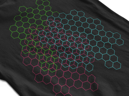 close-up view of black tshirt with hexagons design