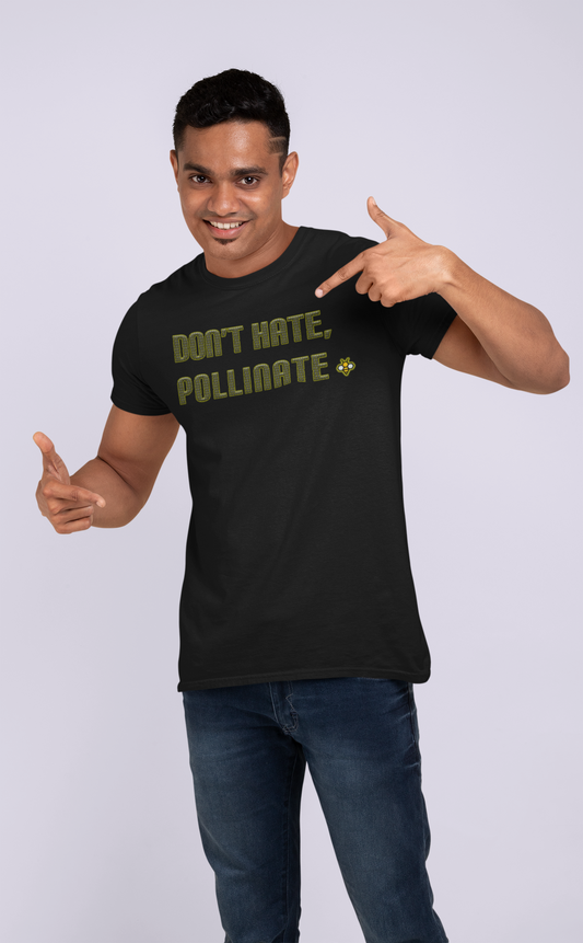 model wearing black tshirt with don't hate, pollinate design