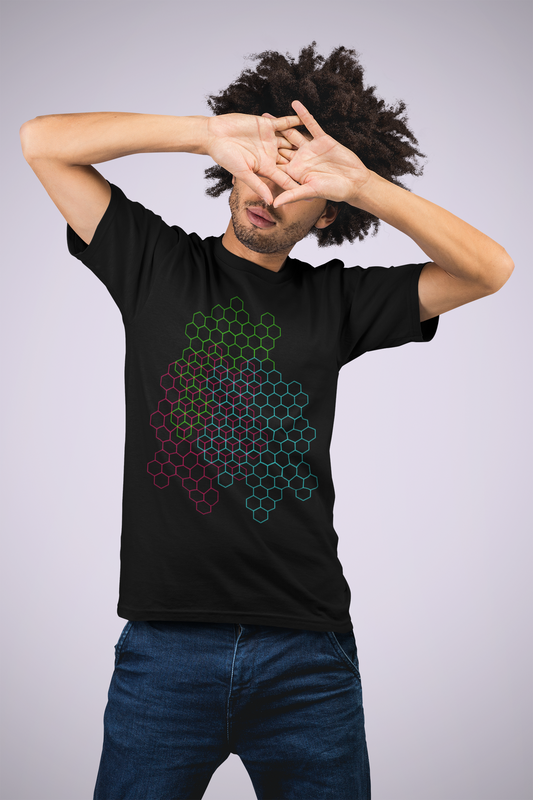 model wearing black tshirt with hexagons design
