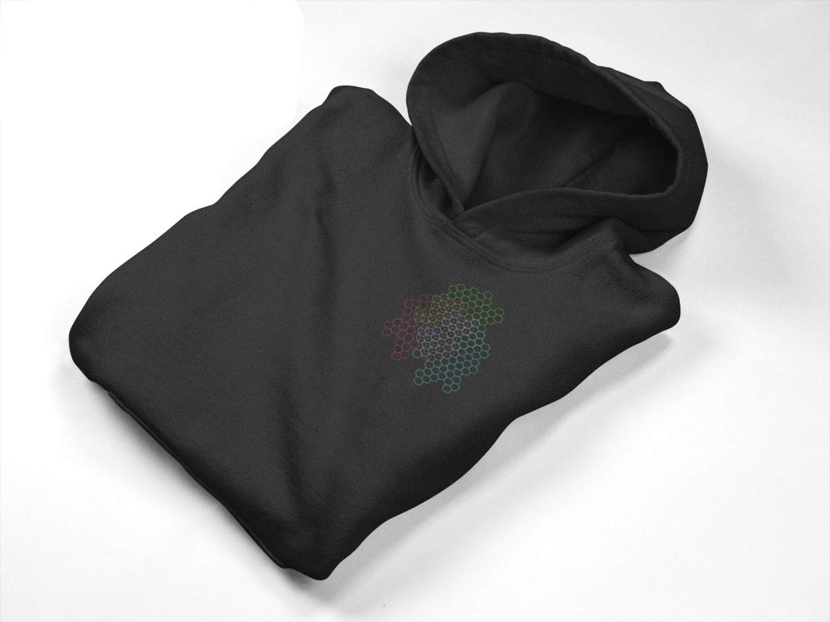 front view of black pullover hoodie with hexagons designon left chest