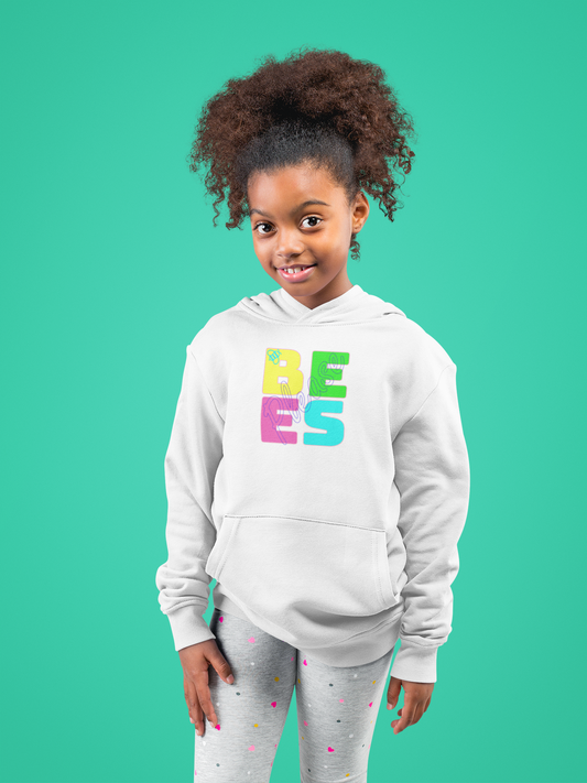 Little girl wearing white pullover hoodie with bees please 4 color design