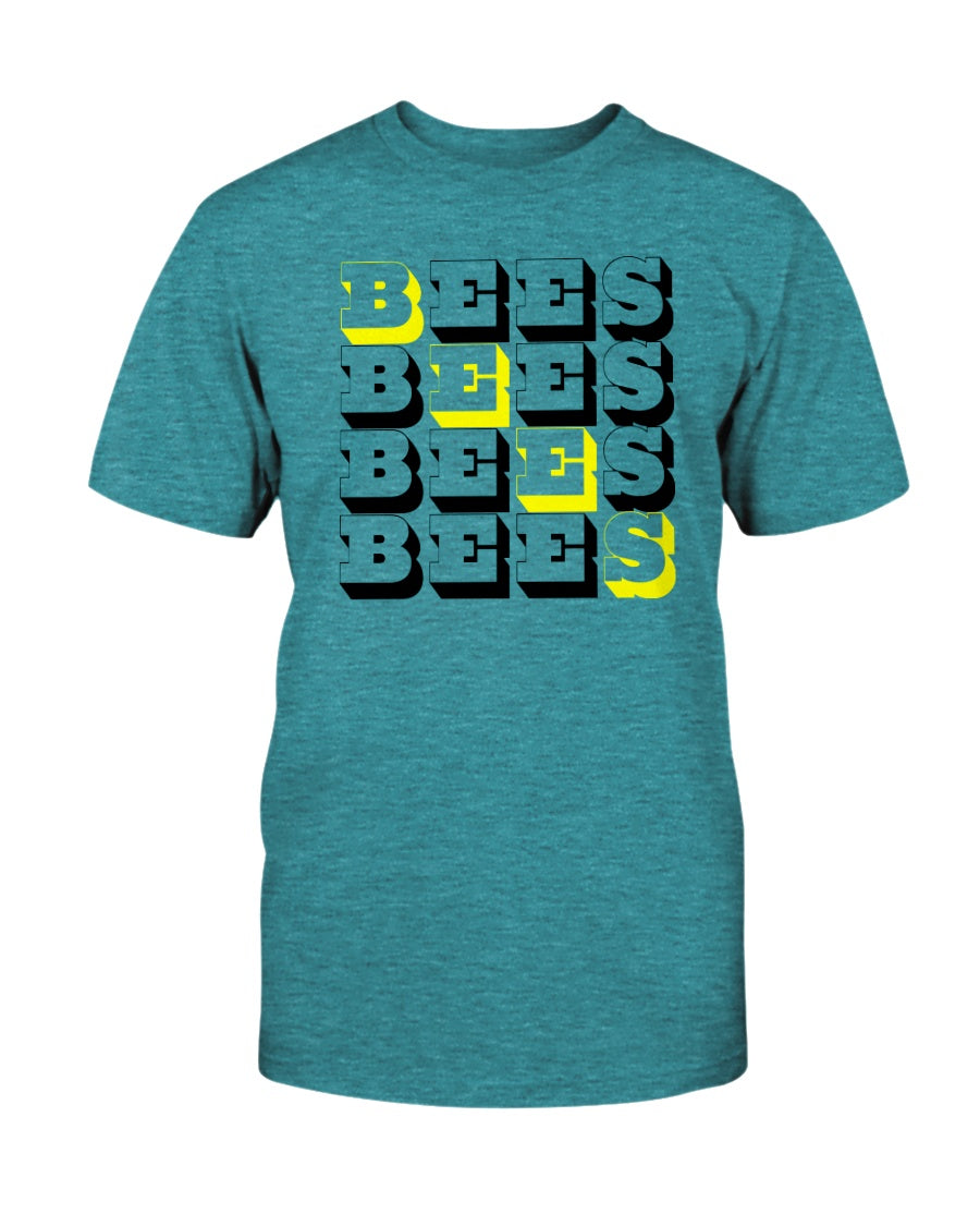 heather aqua tshirt with bees block text graphic design