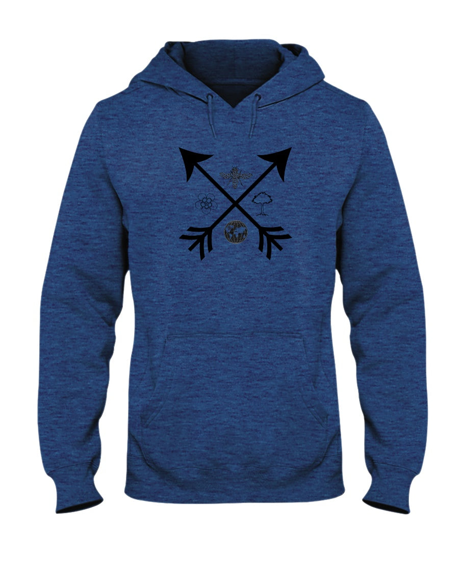 heather sport royal pullover hoodie with crossed arrows graphic design