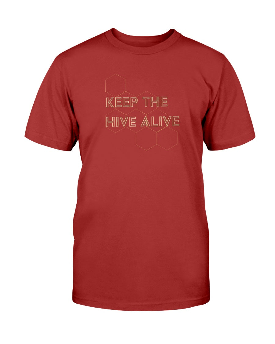 canvas red tshirt with keep the hive alive graphic design