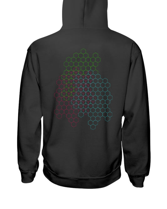back view of black pullover hoodie with hexagons design