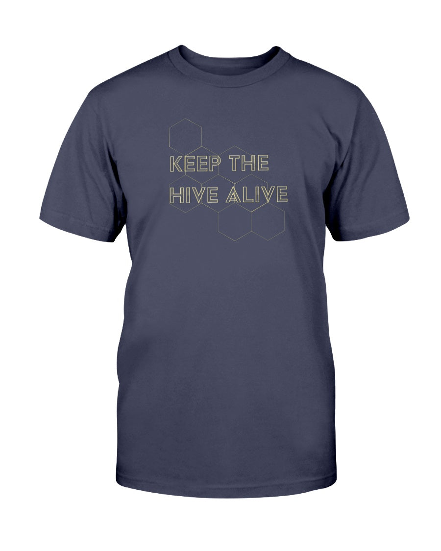 navy tshirt with keep the hive alive graphic design