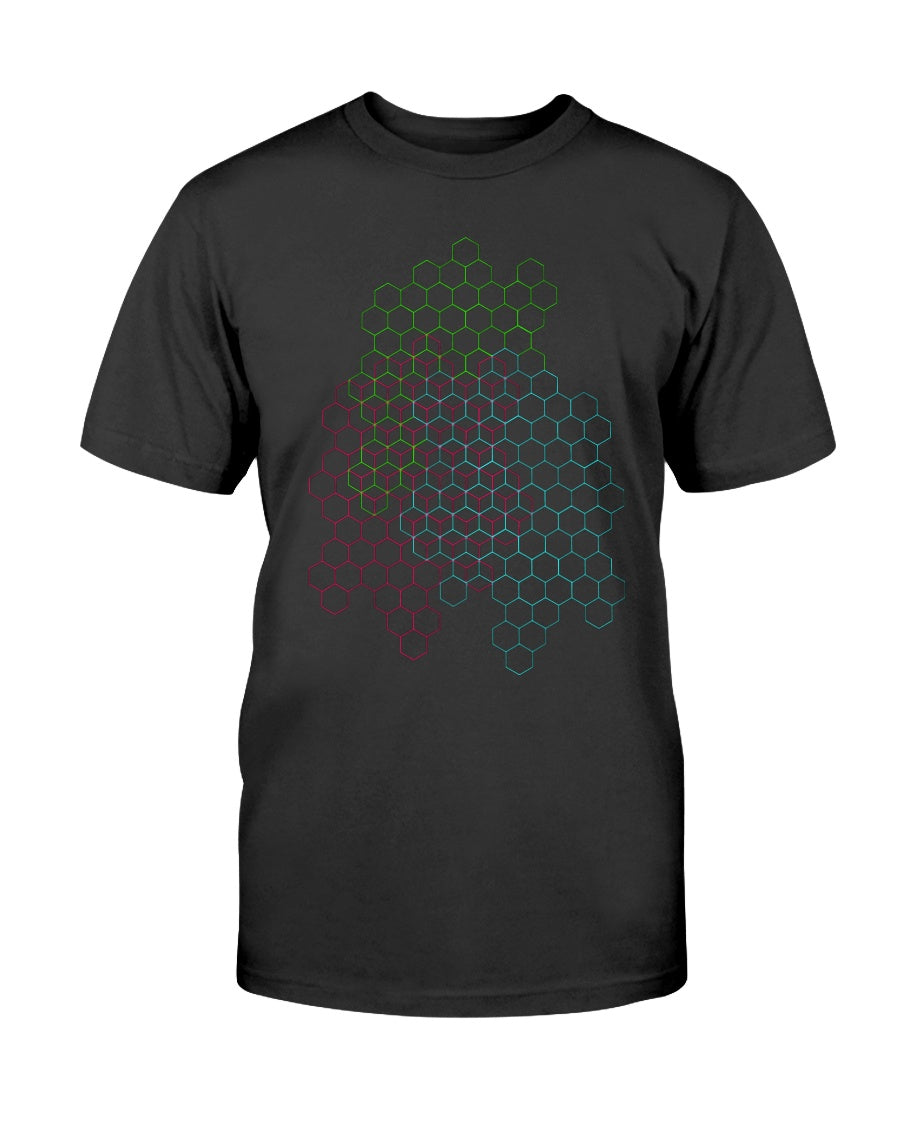 front view of black tshirt with hexagons design