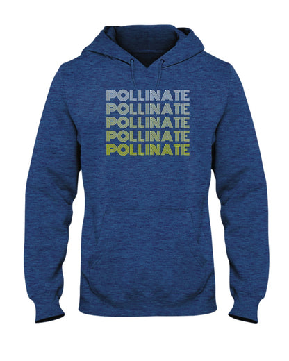 heather blue hoodie with pollinate design