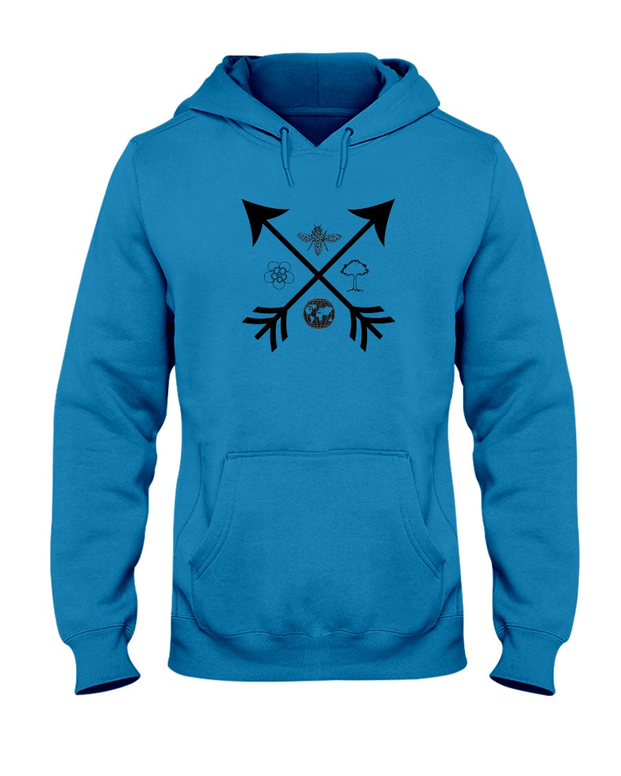sapphire blue pullover hoodie with crossed arrows graphic design