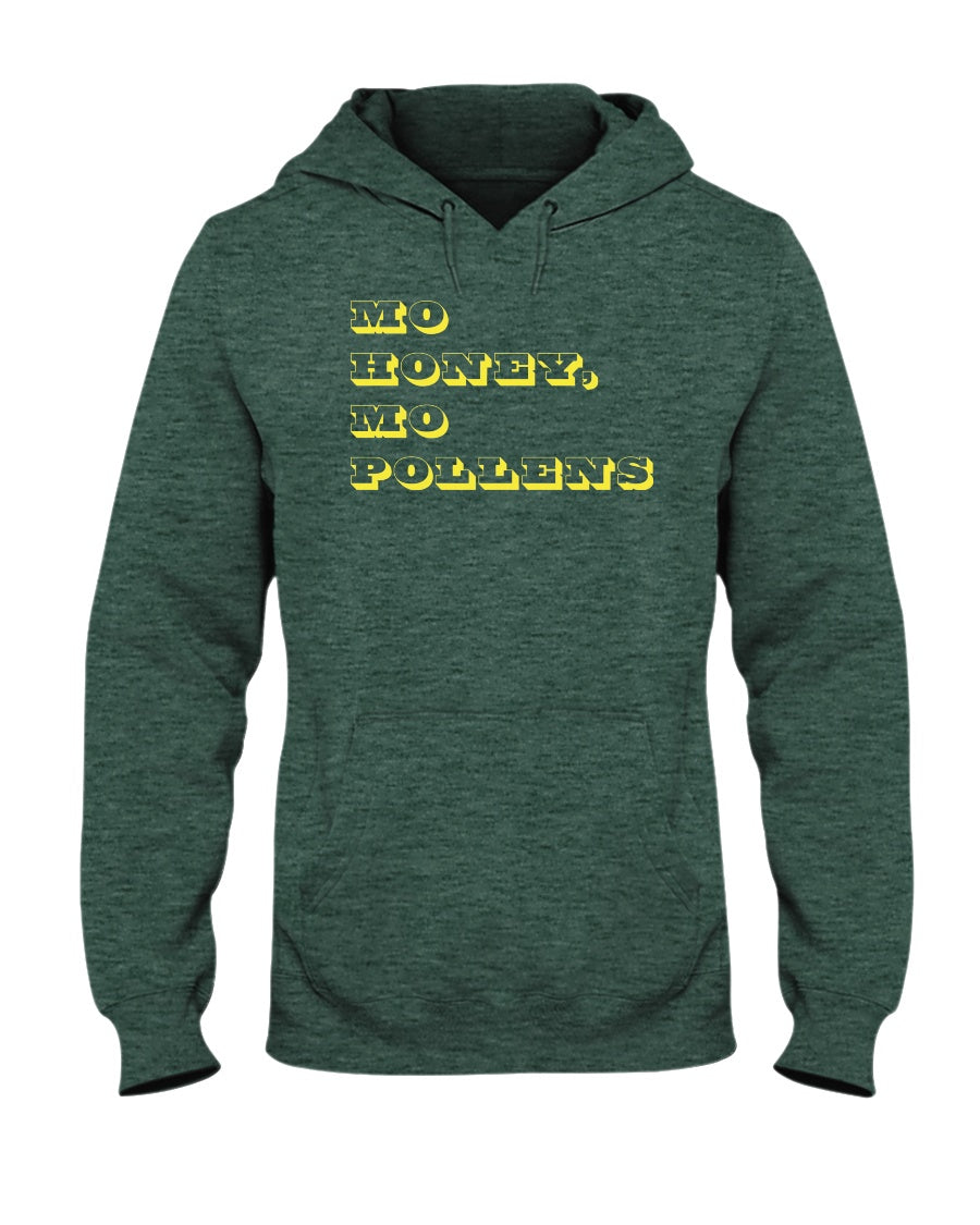 heather green pullover hoodie with mo honey mo pollens text design