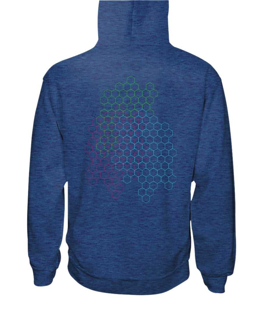 back view of heather sport royal pullover hoodie with hexagons design