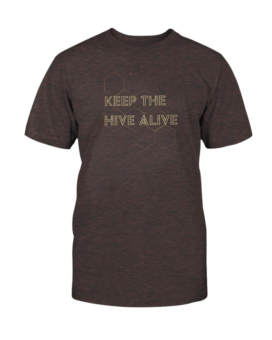 heather brown tshirt with keep the hive alive graphic design