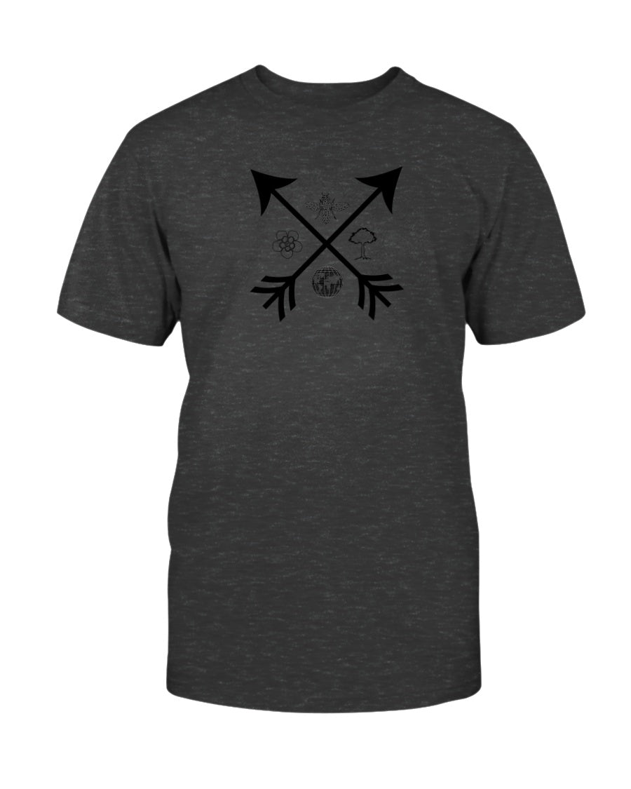 heather dark grey tshirt with crossed arrows graphic design