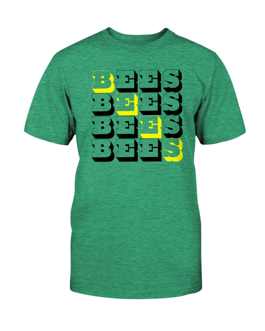 heather kelly green tshirt with bees block text graphic design