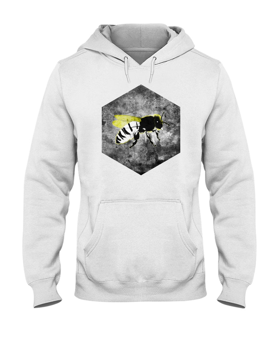 white pullover hoodie with grunge bee design