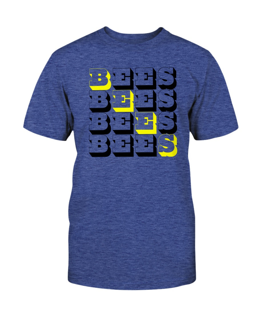 heather true royal tshirt with bees block text graphic design