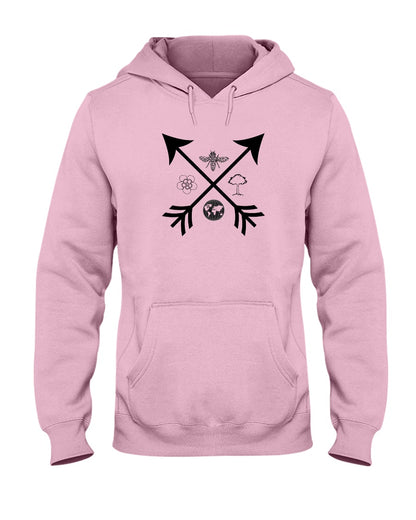 light pink pullover hoodie with crossed arrows graphic design