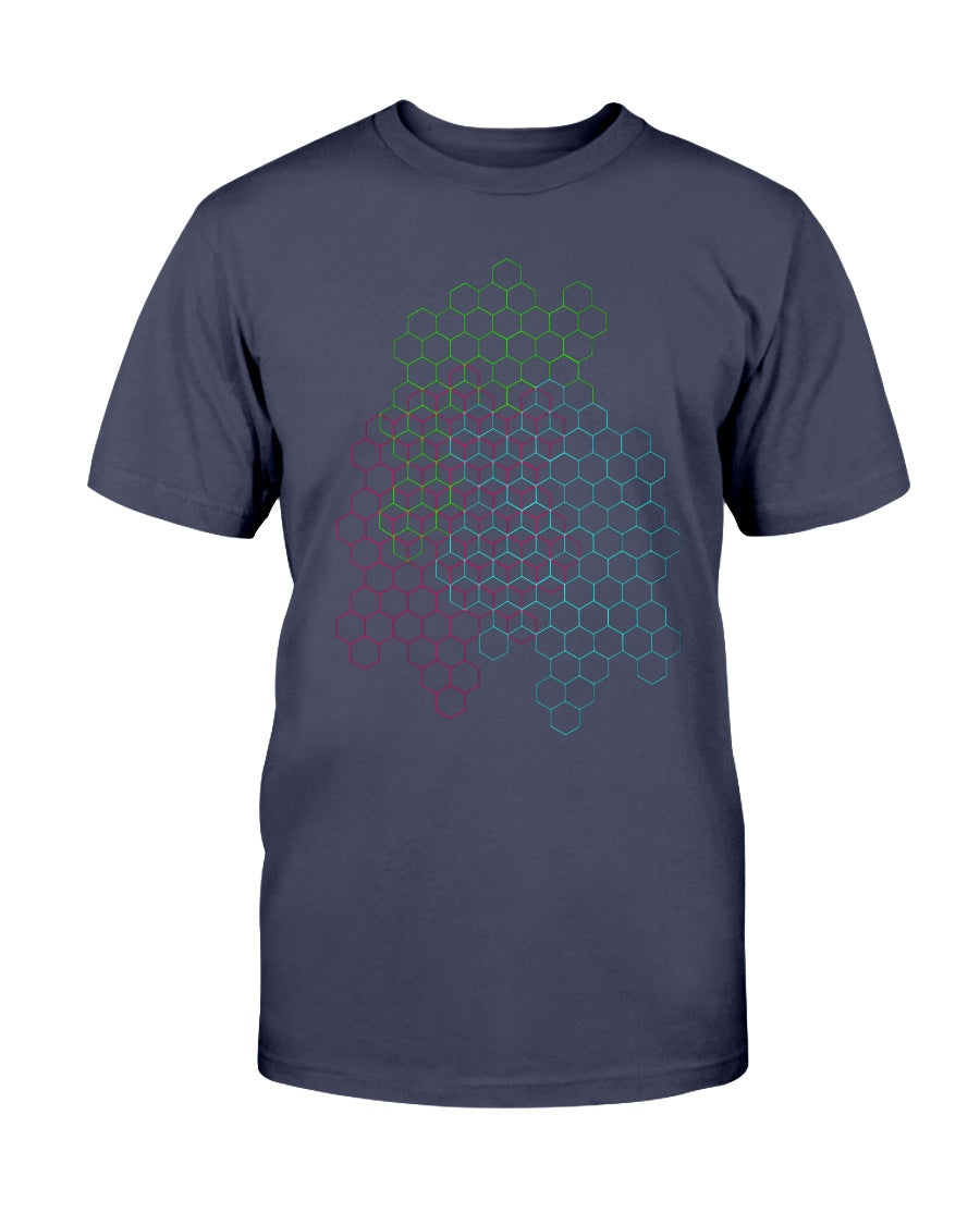 front view of navy tshirt with hexagons design