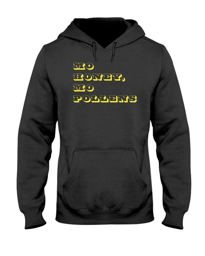 black pullover hoodie with mo honey mo pollens text design
