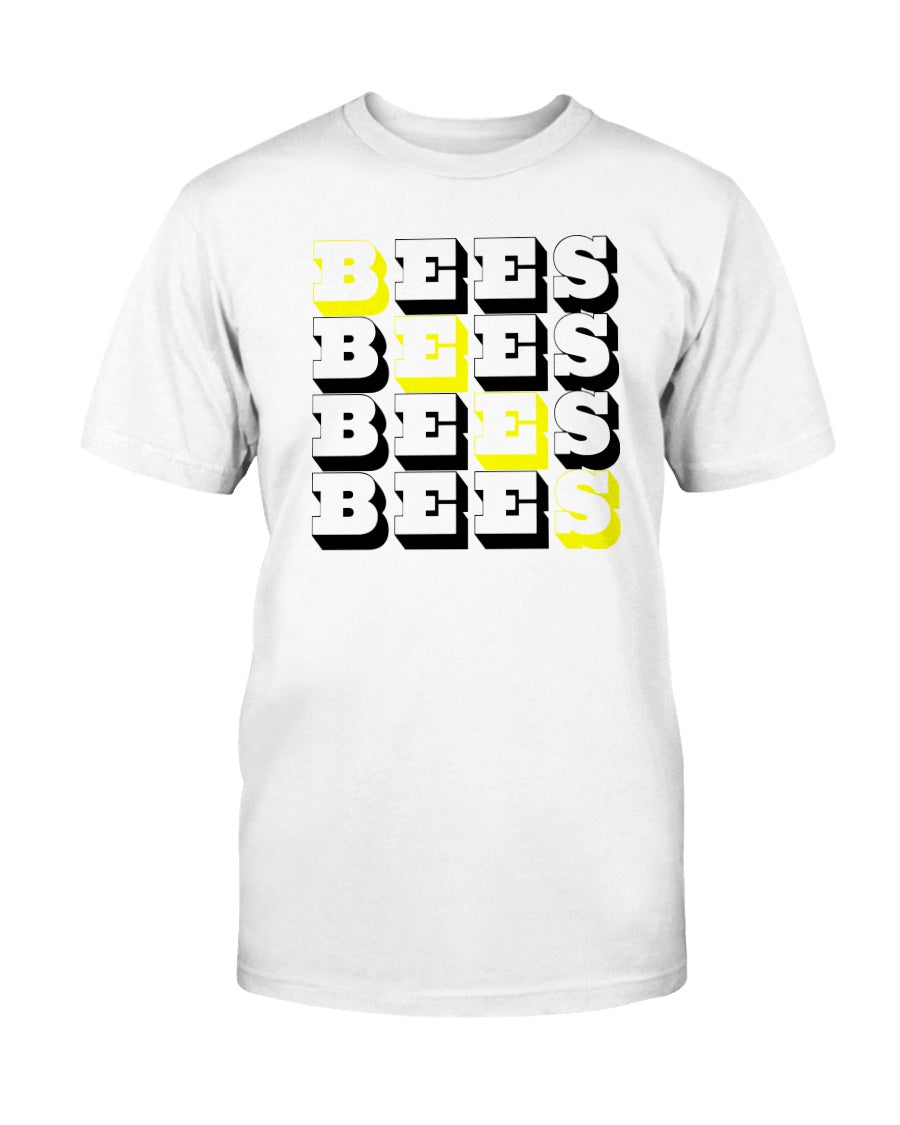 white tshirt with bees block text graphic design