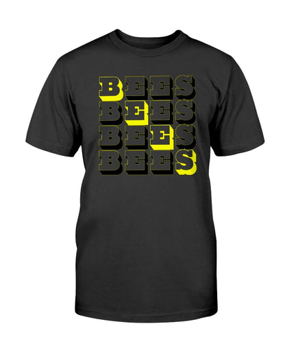 black tshirt with bees block text graphic design
