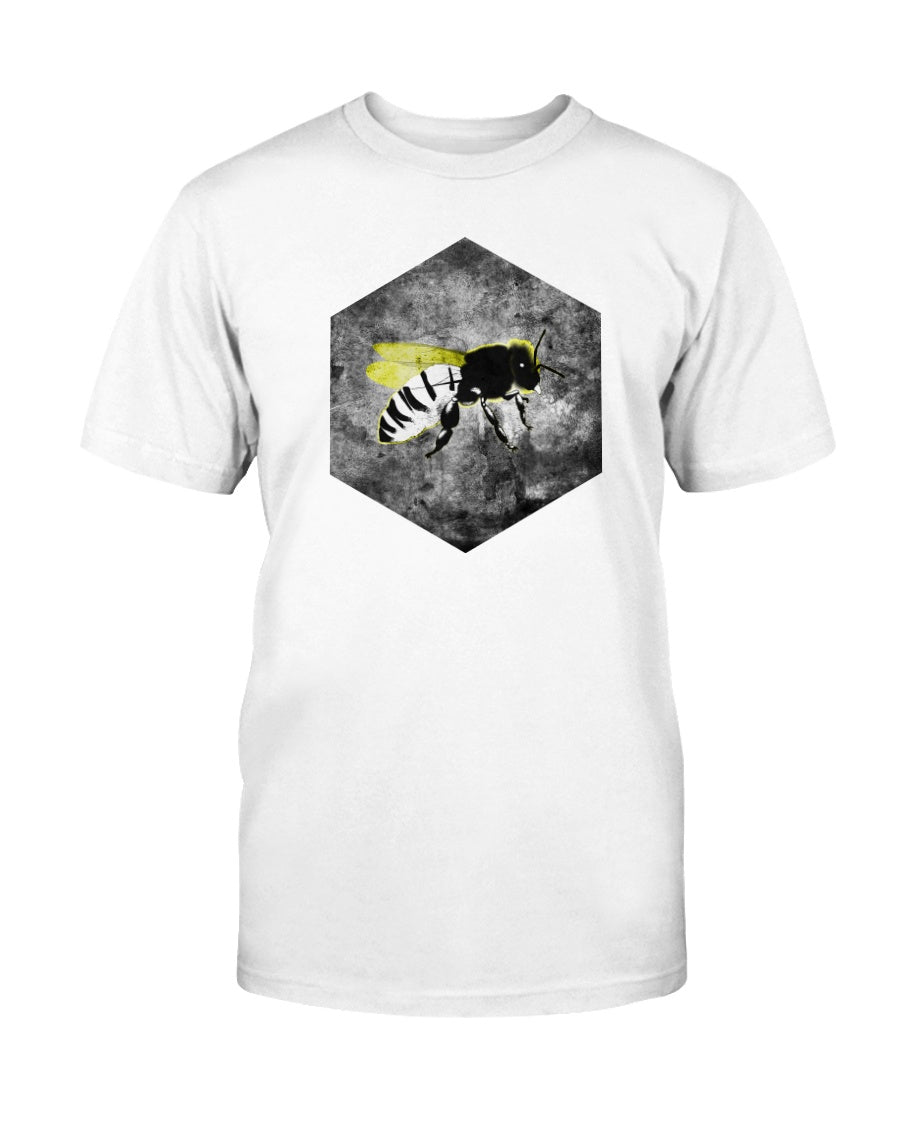 white tshirt with grunge bee graphic design