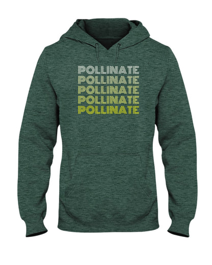 heather green hoodie with pollinate design