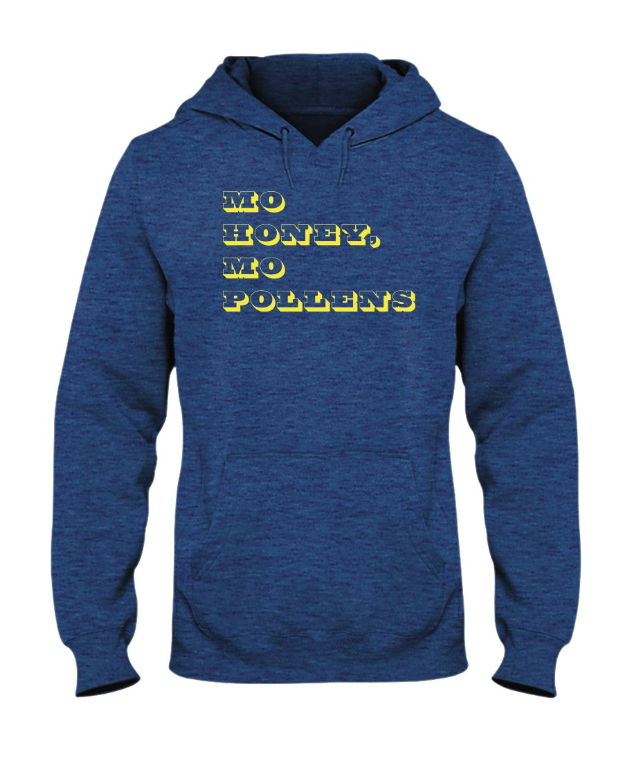 heather blue pullover hoodie with mo honey mo pollens text design